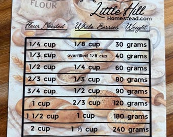 Fresh Milled Flour Conversion Magnet | Flour Weight Chart Fridge Magnet | Kitchen Baking Reference