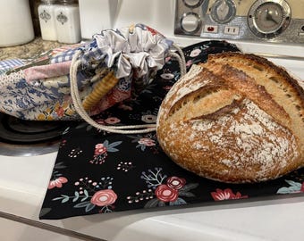 Extra Large sourdough Bag with cotton pattern outside, foodsafe PUL Liner: BPA-Free, Double-Lined
