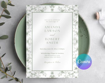 Plantilla de invitación floral en toile verde salvia, invitación de boda botánica francesa, elegante diseño imprimible y editable en Canva.