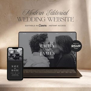 Può includere: Un laptop e uno smartphone mostrano un design di sito web di matrimonio. Lo schermo del laptop mostra un'immagine in scala di grigi di una coppia che si bacia, con i nomi "Emily and James". Il telefono mostra una scheda "Save the Date". Il testo recita "Modern Editorial WEDDING WEBSITE."