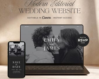 Plantilla editorial moderna para sitio web de bodas, elegante invitación web de boda en Canva con RSVP y mapa interactivo.