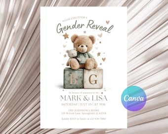 Invitación para revelar el género del bebé con osito de peluche bohemio, verde salvia (descarga digital)