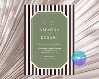 Invitación de boda de lujo terroso, moderna y elegante en verde salvia y marrón, plantilla editable de Canva.