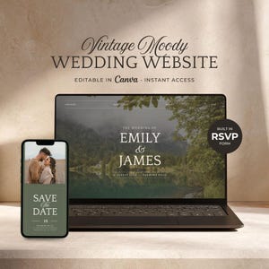 Könnte beinhalten: Ein Laptop und ein Smartphone zeigen ein Hochzeitswebsite-Design. Der Laptop-Bildschirm zeigt eine Landschaft mit den Namen "Emily & James". Das Telefon zeigt eine "Save the Date"-Karte. Text: "Vintage Moody Wedding Website."