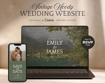 Plantilla de sitio web de boda vintage con ambiente melancólico, invitación romántica en verde oliva en Canva, sitio web elegante para confirmación de asistencia, sitio web editorial de bodas