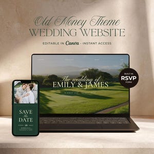 Könnte beinhalten: Ein Laptop und ein Smartphone zeigen ein Hochzeitswebsite-Design. Der Laptop-Bildschirm zeigt eine Golfplatzszene mit dem Text "The wedding of Emily & James". Das Smartphone zeigt eine "Save the Date"-Karte. Der Text "Old Money Theme WEDDING WEBSITE".