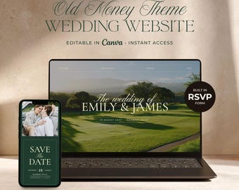 Plantilla de sitio web para bodas en verde bosque, editable en Canva, con confirmación de asistencia y reserva de fecha.