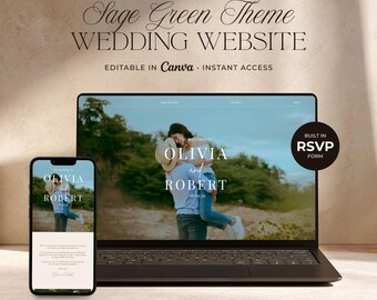 Elegante plantilla de sitio web de boda verde salvia de Canva / Invitación de boda digital moderna con RSVP y cronograma