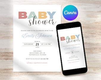 Plantilla moderna de invitación para baby shower / Invitación minimalista, colorida y editable en Canva / 13 x 18 cm y versión móvil