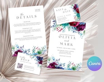 Plantilla de invitación de boda floral • Paquete Canva en tonos joya (descarga digital)