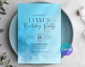 Elegante invitación de cumpleaños azul, plantilla moderna de Canva (imprimible y descargable en móvil Evite)