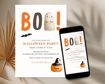 不気味なハロウィンパーティー招待状テンプレート、ゴースト、カボチャ、コウモリ、Canva Evite（デジタル）