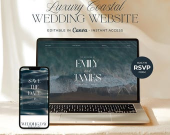 Plantilla de sitio web de boda costera de lujo, sitio web de confirmación de asistencia editable en Canva, invitación de boda en la playa, sitio web de boda moderno y sencillo