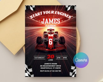 Invitación de cumpleaños de Fórmula 1 / Fiesta de autos de carreras 3D, plantilla editable de Canva (descarga digital)