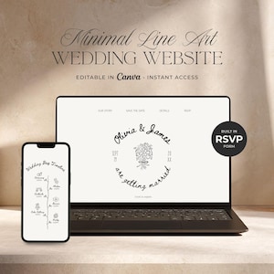 Może przedstawiać: Laptop i smartfon wyświetlają projekt strony internetowej ślubnej. Ekran laptopa pokazuje okrągły wzór z imionami "Olivia & James" i tekstem "are getting married." Smartfon wyświetla oś czasu dnia ślubu.