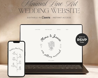 Plantilla de sitio web de boda minimalista dibujada a mano en Canva / Sitio web de boda minimalista vintage con formulario RSVP integrado