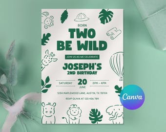 Invitación de cumpleaños "Born Two Be Wild", invitación con diseño de safari, plantilla para fiesta de segundo cumpleaños en verde jungla, Canva editable