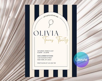 Invitación de cumpleaños con rayas azul marino medianoche, globo, plantilla de Canva (descarga digital)