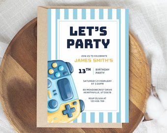 Plantilla de invitación de cumpleaños de videojuegos azules / Invitación moderna de fiesta de Canva con controlador de acuarela para niños