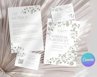Invitación de boda floral verde salvia (plantilla imprimible de Canva)