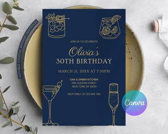 Invitación editable de cumpleaños para cóctel azul marino, elegante invitación dorada para cumpleaños de adulto, invitación de lujo para fiesta azul marino, plantilla imprimible de Canva.