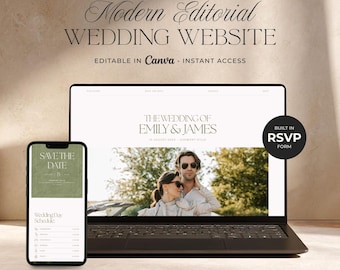 Plantilla de sitio web de boda verde oliva, sitio web de confirmación de asistencia de boda en Canva, invitación elegante para sitio web de boda en finca, boda romántica minimalista