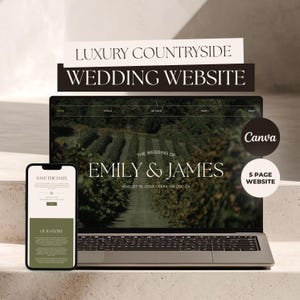 May include: A laptop and smartphone displaying a wedding website template titled Luxury Countryside Wedding Website. The screen shows a vineyard background with the text The Wedding of Emily & James, August 15, 20XX, Napa Valley, CA. Includes a Canva logo.