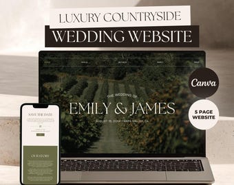 Plantilla de sitio web de bodas de lujo en el campo, sitio web de bodas en Canva en color verde oliva con confirmación de asistencia, sitio web de bodas románticas en destinos exóticos.