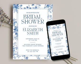 Invitación de despedida de soltera con diseño de toile azul, invitación de boda estilo chinoiserie (plantilla de Canva)