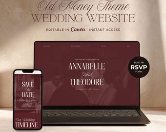 Plantilla de sitio web para bodas en Borgoña con dinero antiguo, sitio web de bodas editable en Canva con confirmación de asistencia, sitio web para bodas de destino de lujo, reserva la fecha