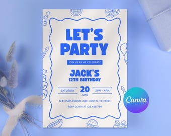 Invitación de cumpleaños azul eléctrico, invitación a fiesta gastronómica con arte lineal moderno, plantilla de cumpleaños infantil con globos y pastel, Canva editable