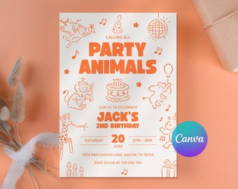 Invitación de cumpleaños "Llamando a todos los animales de fiesta", invitación infantil con animales de fiesta, arte lineal moderno en naranja mandarina, Canva editable
