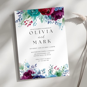 Jewel Tone Floral Wedding Invitation Template, Emerald Sapphire Ruby, Canva Invite (Digital Download)