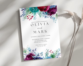Jewel Tone Floral Wedding Invitation Template, Emerald Sapphire Ruby, Canva Invite (Digital Download)