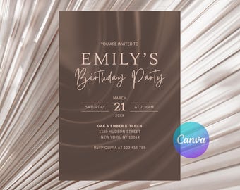 Elegante invitación de cumpleaños de satén, color marrón moca, plantilla de Canva (descarga digital)