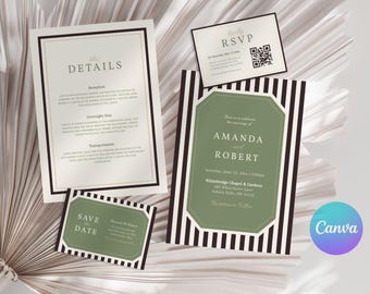 Invitaciones de boda en verde salvia, papelería elegante y natural (plantilla editable de Canva, descarga digital)