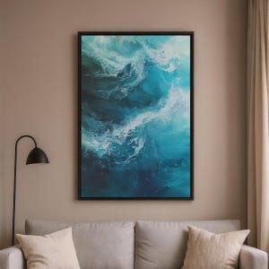 Coastal Waves Framed Canvas Wall Art, Abstract Ocean Seascape Print, Modern Beach House Nautical Decor, Blue Ocean Wave Painting