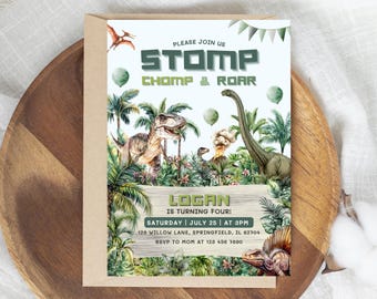 Plantilla editable de invitación a la jungla de los dinosaurios / Invitación de cumpleaños número 4 "¡Deja de morder y rugir!"