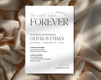 Plantilla «La noche antes de la boda», invitación moderna y minimalista para la cena de ensayo, invitación editable en Canva, descarga instantánea