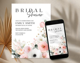 Mall för inbjudan till brudshower med blush-blommor, rosa och grönt (Canva)