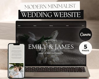 Plantilla moderna para sitio web de bodas con estilo editorial, sitio web minimalista en blanco y negro para bodas en Canva con confirmación de asistencia, invitación web de bodas de lujo