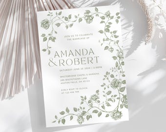 Plantilla de invitación de boda floral verde salvia, Canva botánico francés (descarga digital)