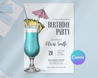 Invitación a cóctel de Blue Lagoon, cumpleaños moderno de Evite (plantilla de Canva, descarga digital)