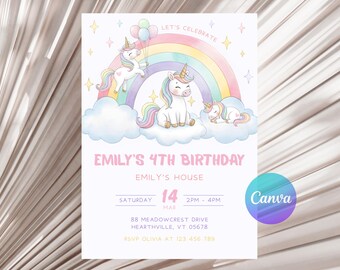 Pastel Unicorn Birthday Invitation – Editable 5x7″ Canva Template, Instant Download