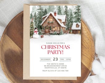 May include: A Christmas party invitation featuring a watercolor illustration of a snow-covered cabin in a winter forest. The invitation text reads "Please join us for a Christmas Party!" with date, time, and address details.