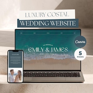 Può includere: Un portatile e uno smartphone mostrano un modello di sito web per matrimoni in stile costiero di lusso. Lo schermo presenta il testo "LUXURY COSTAL WEDDING WEBSITE" e "THE WEDDING OF EMILY & JAMES" su un'immagine di spiaggia. Include logo Canva e 5 pagine.