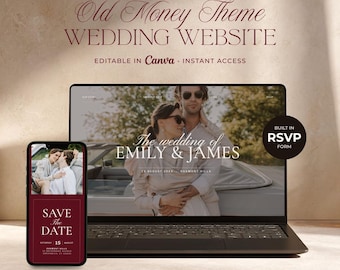 Luxury Old Money Burgundy Wedding Website Template, Editable Canva Wedding Website with RSVP, Black Tie Save The Date Website