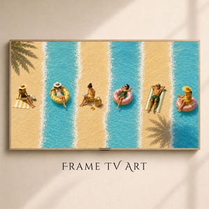 May include: A rectangular wall art print titled FRAME TV ART featuring an aerial view of a beach with alternating vertical stripes of sand and turquoise water. Six individuals are positioned on the sand or in colorful pool floats in the water.