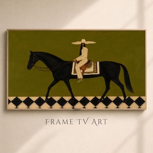Puede incluir: Una impresión digital rectangular enmarcada que muestra un caballo negro con un jinete que lleva un sombrero de ala ancha y un traje a rayas. El fondo es de color verde oliva sólido con un borde de patrón de diamantes en blanco y negro.
