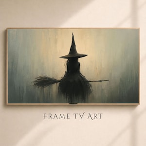 Könnte beinhalten: Ein rechteckiges gerahmtes digitales Kunstwerk mit dem Titel FRAME TV ART, das die Silhouette einer Figur mit spitzem Hut auf einem Besenstiel vor einem gedämpften, texturierten beige-grauen Hintergrund mit Pinselstrichen zeigt.